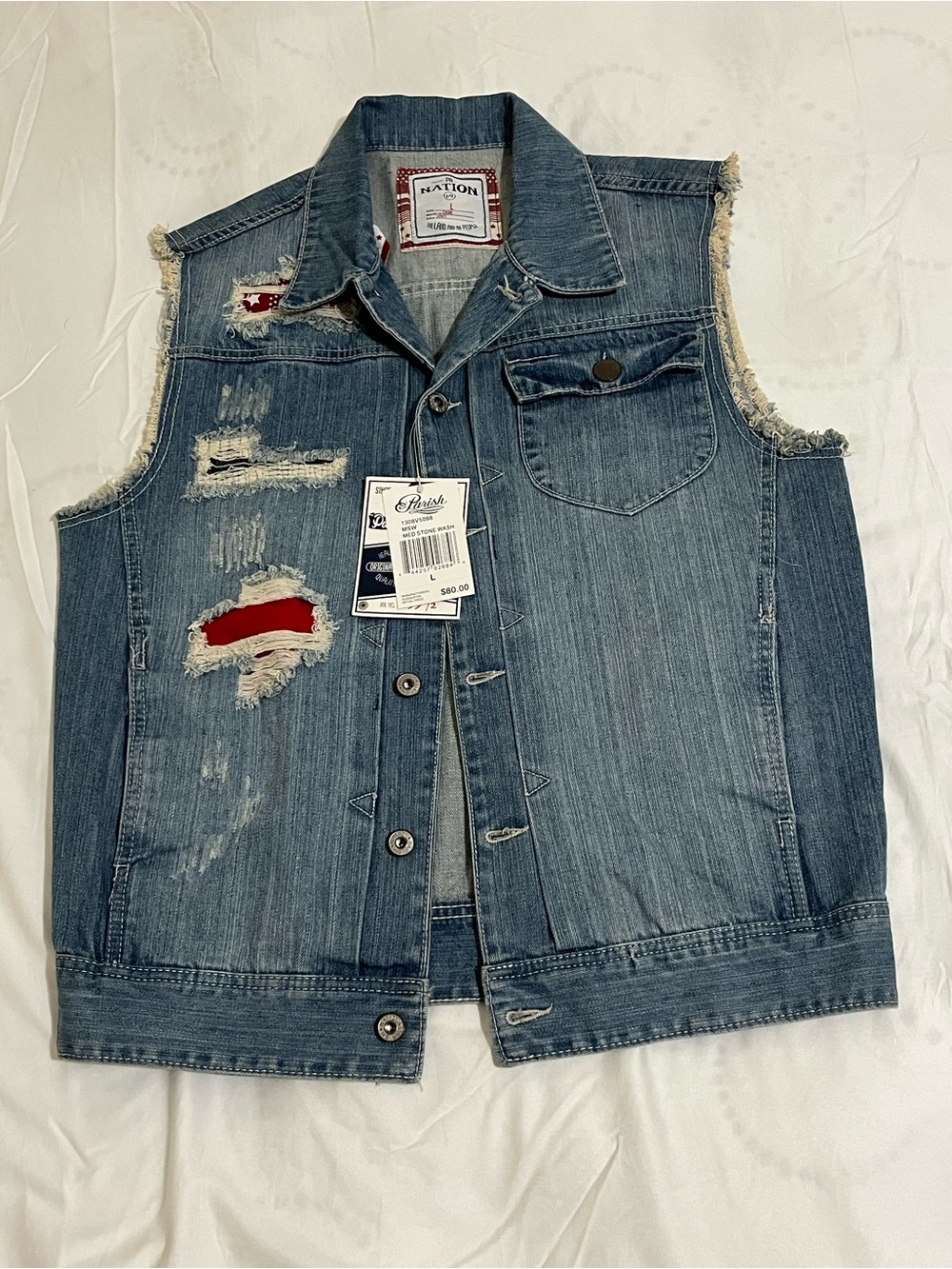 Nation Washed Blue Distressed Denim Vest Men's Sleeveless Jacket Size Large NWT